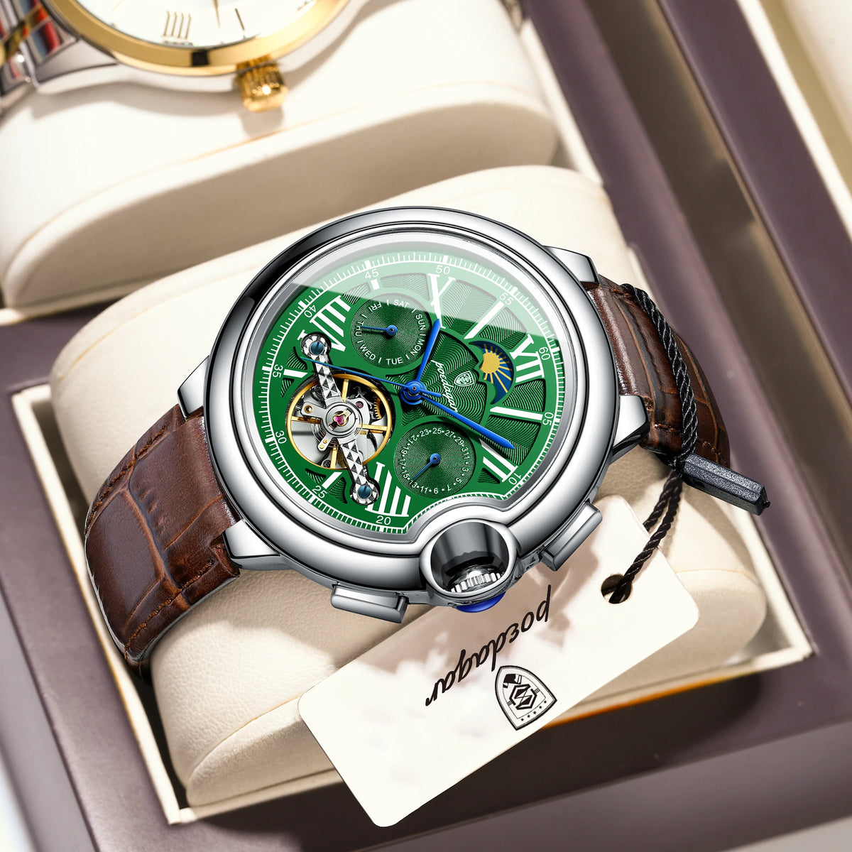 Poedagar 1413 Luxury Men's Automatic Mechanical Watch Hollow Tourbillon Leather Strap Reloj Luminous Waterproof Watch for Men