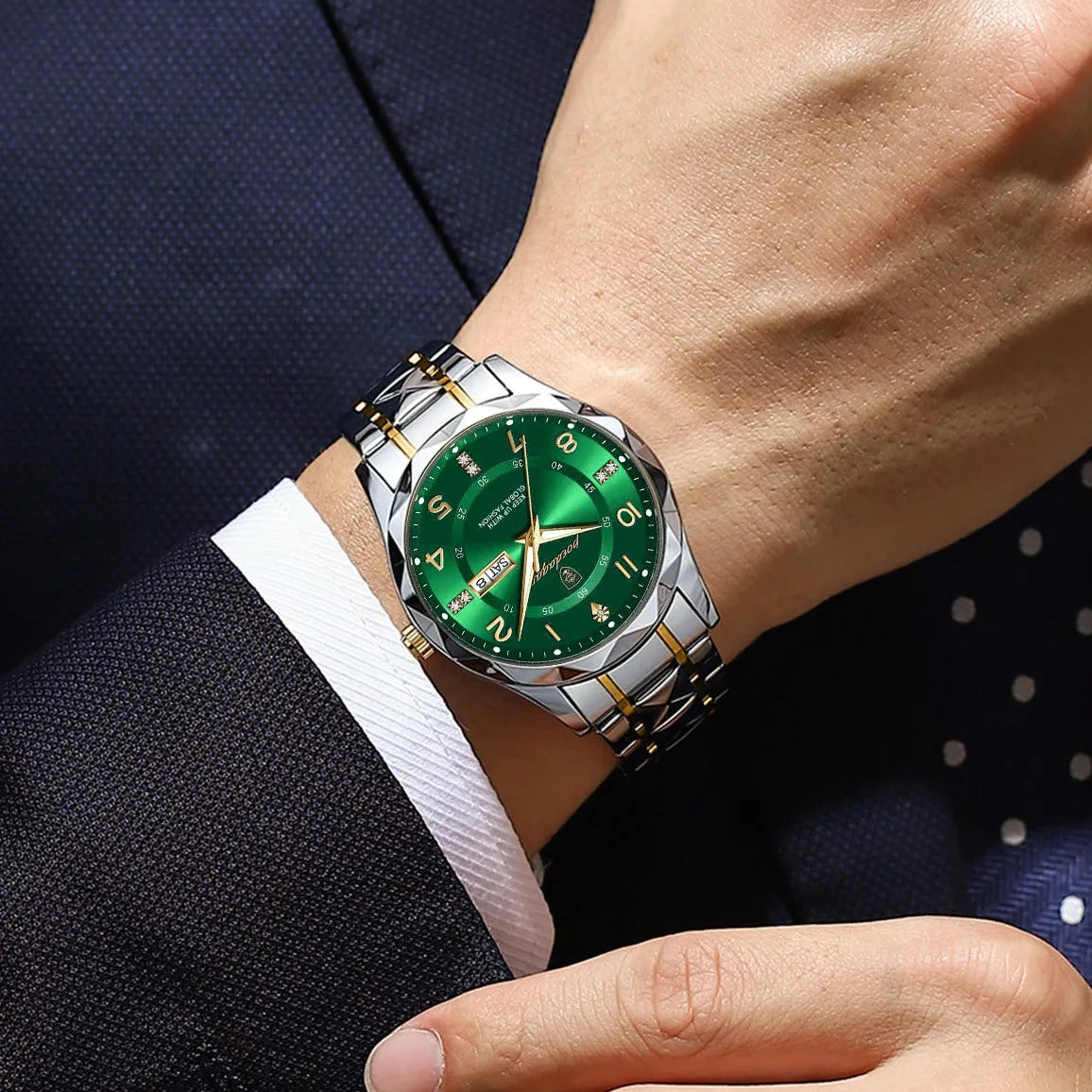 Poedagar 858 Luxury Men's Watch Date Week Stainless Steel Quartz Watches Moissanite Montre Waterproof Luminous Watches for Men
