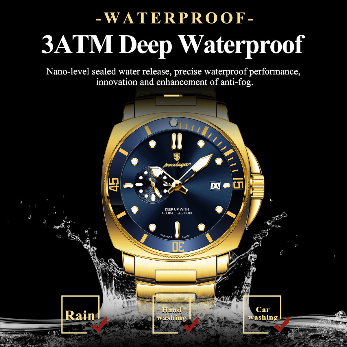 Poedagar 873 Luxury Men's Watch Cushion Case Sport Quartz Wristwatch Stainless Steel Luminous Waterproof Watch for Men Reloj