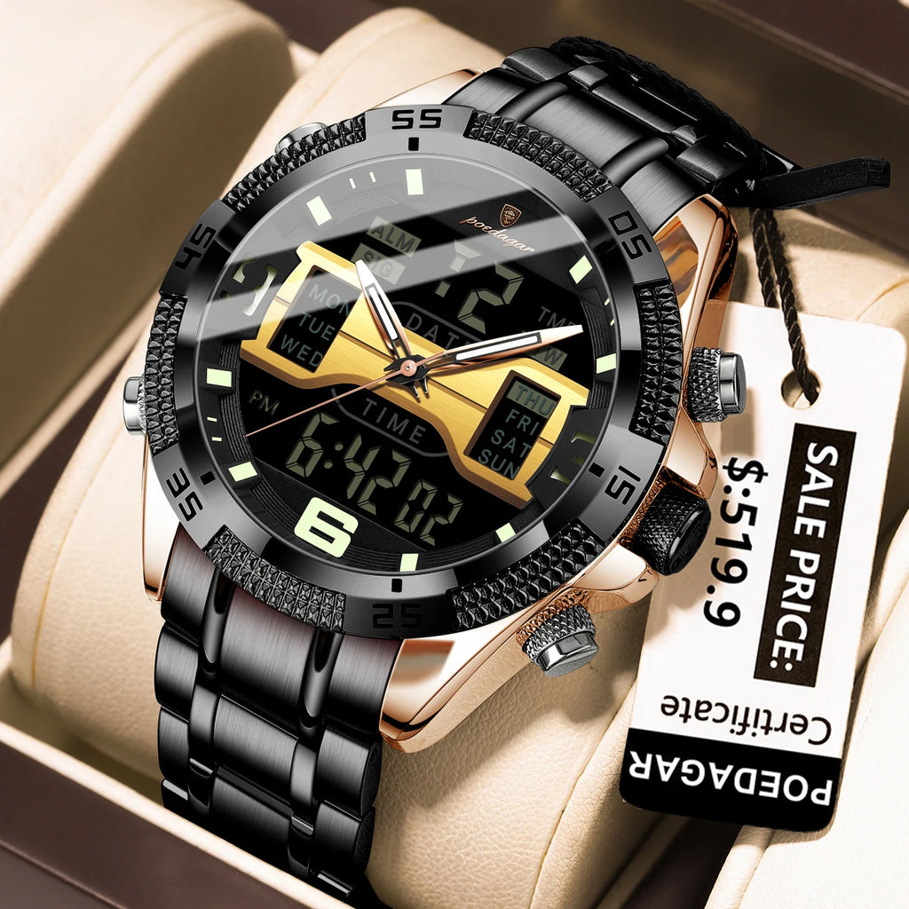 Poedagar New Digital Wrist Watch 3 ATM Water Resistant Multi Function Dual Display Steel Strap Men Montre Homme
