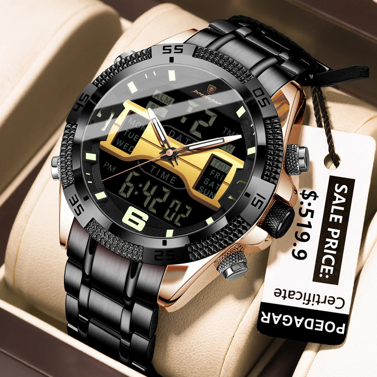 Poedagar New Digital Wrist Watch 3 ATM Water Resistant Multi Function Dual Display Steel Strap Men Montre Homme