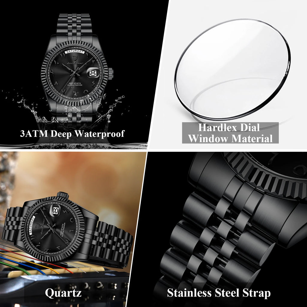 POEDAGAR 845 Montre Homme Luxe Noir Stainless Steel Waterproof Quartz Watch Date Day Business Wristwatch