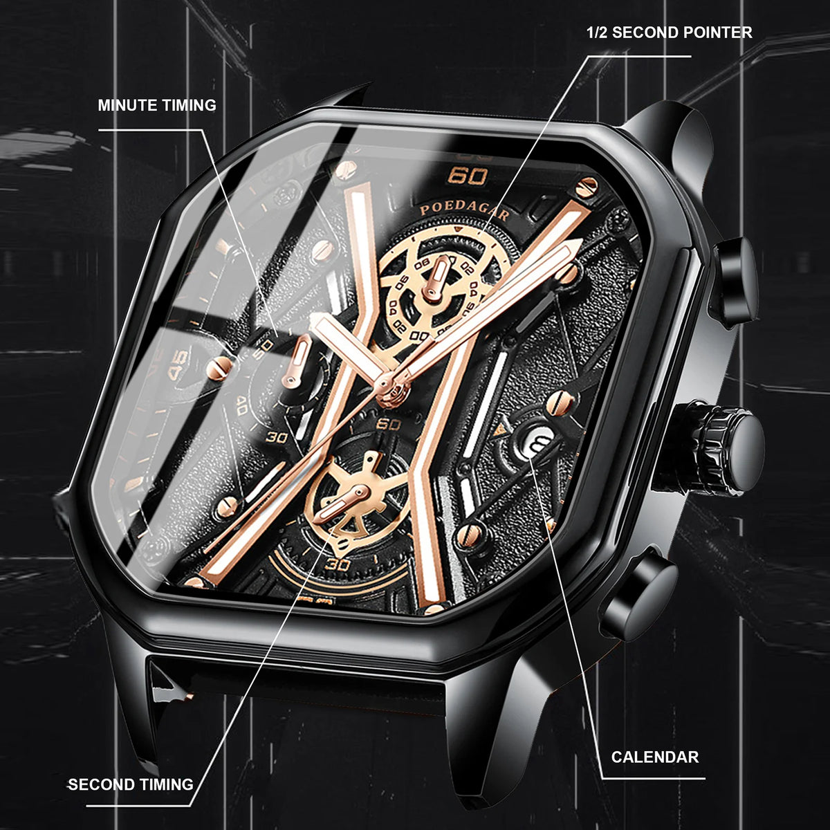 Poedagar 2023 Sport Chronograph Men Wristwatch Waterproof Leather Band Quartz Watch Luminous Calendar Watch for Men