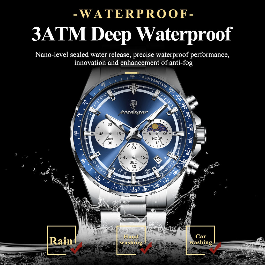 Poedagar 879 Original Men Reloj Waterproof Luminous Chronograph Quartz Men's Watches Luxury Stainless Steel Watch for Men