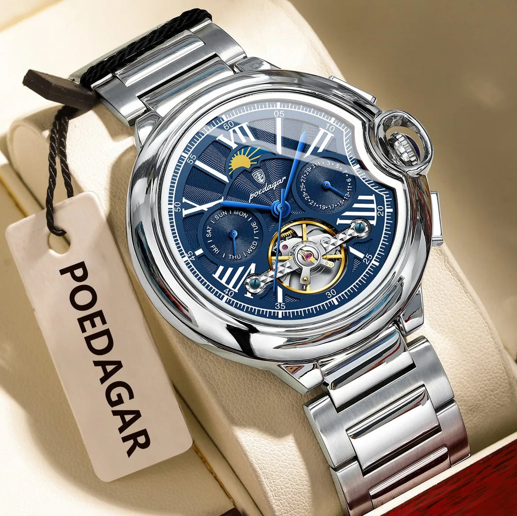 Poedagar 1413 Luxury Men's Mechanical Watch Fashion Hollow Tourbillon Montre Waterproof Stainless Steel Automatic Watch for Men