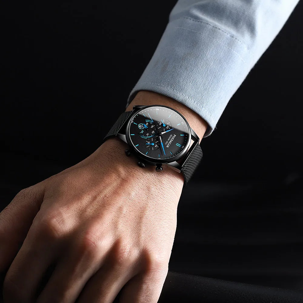 Poedagar Stainless Steel Mesh Watches Men Wrist Sport Chronograph Quartz Watches Waterproof Luminous Watch for Men Relojes Hombr