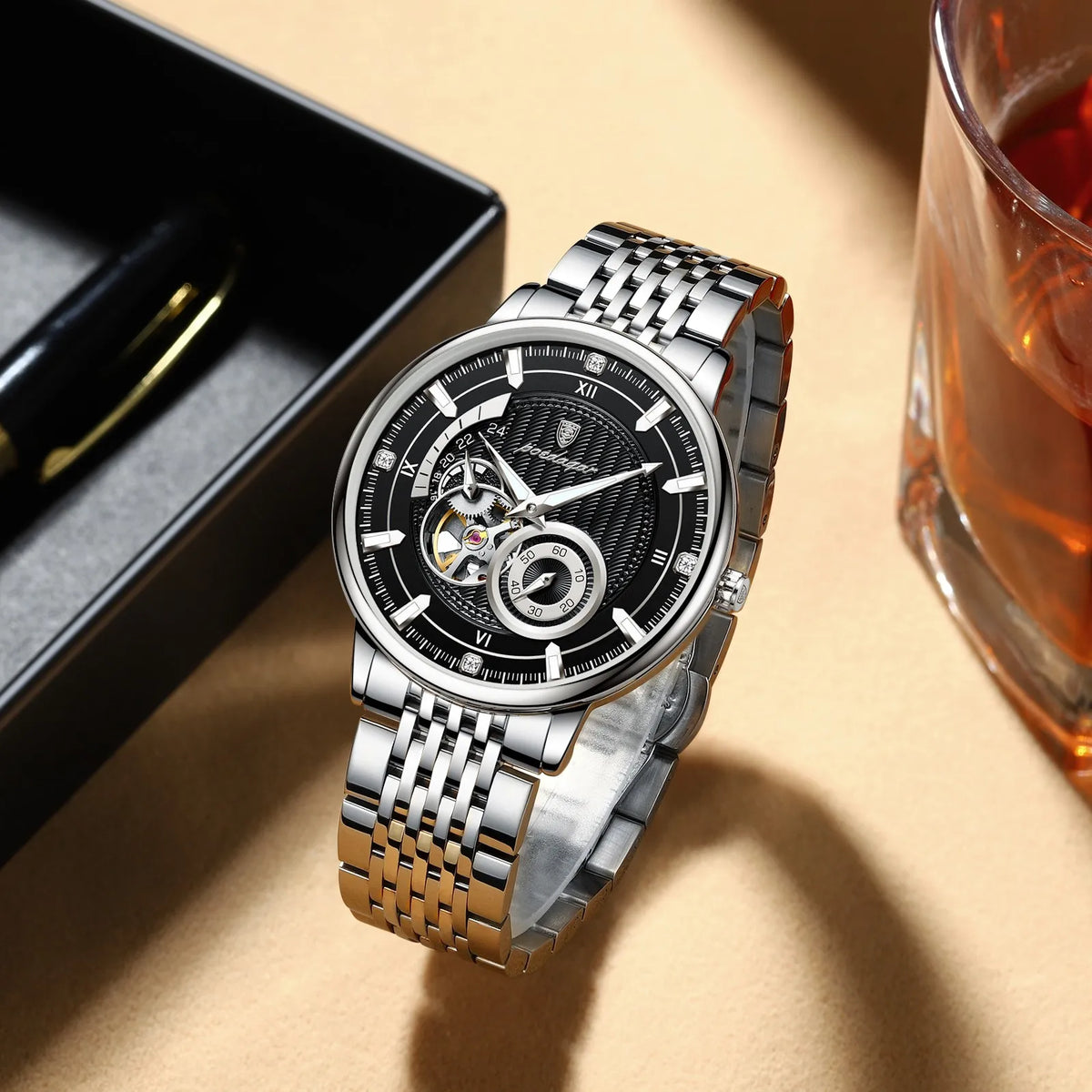 Poedagar 1416 Men Mechanical Watch Automatic Skeleton Dial Stainless Steel Waterproof Business Watch Wholesale Price in Stock
