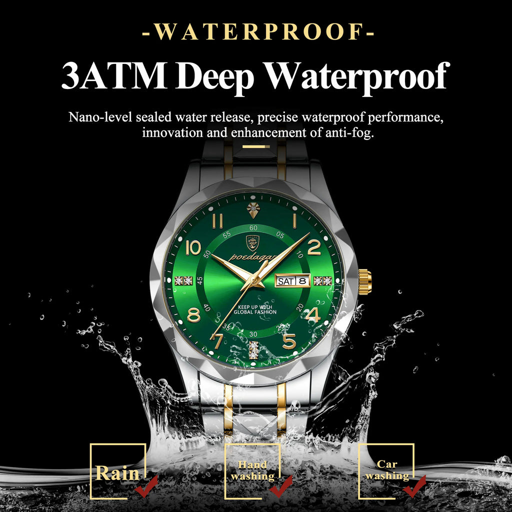 Poedagar 858 Luxury Men's Watch Date Week Stainless Steel Quartz Watches Moissanite Montre Waterproof Luminous Watches for Men