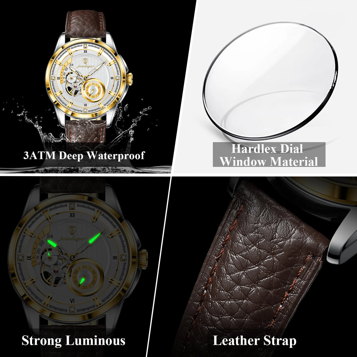 Poedagar 1427 Men's Mechanical Watch Luxury Leather Strap Luminous Reloj Hombre 3ATM Waterproof Automatic Wristwatch for Men