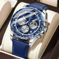 Poedagar 879 Mens Chronograph Watch Genuine Leather Tachymeter Blue Dial Quartz Wristwatch Waterproof Luminous Sport Watches