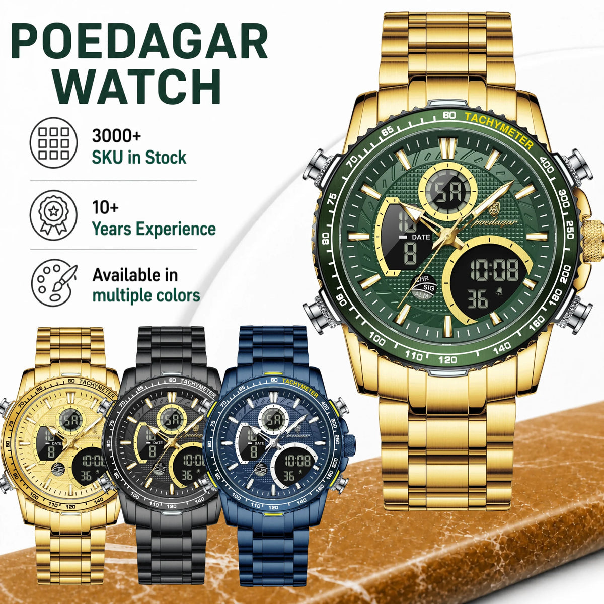 Poedagar E127 Watch for Men Luxury Analog-Digital Watch Dual Display Luminous Waterproof Herrenuhr Stainless Steel Quartz Watch