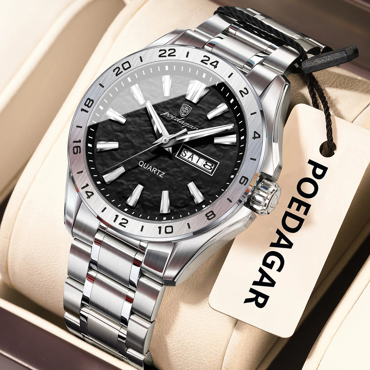Poedagar 683 Men's Quartz Watch Luxury Formal Dual Calendar Waterproof Luminous Watch for Men Business Stainless Steel Strap