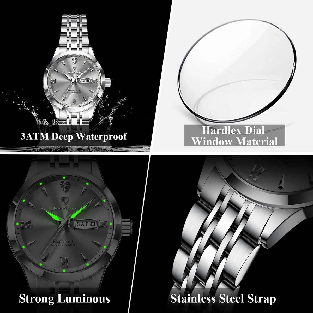 Poedagar 504 Fashion 3ATM Waterproof Luminous Hands Lady Watch Alloy Case Stainless Steel Bracelet Watch for Women