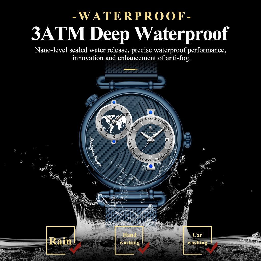 Poedagar 848 Men's Dress Quartz Watch Dual Time Zone Mesh Stainless Steel Luminous 3ATM Waterproof Business Orologio Uomo