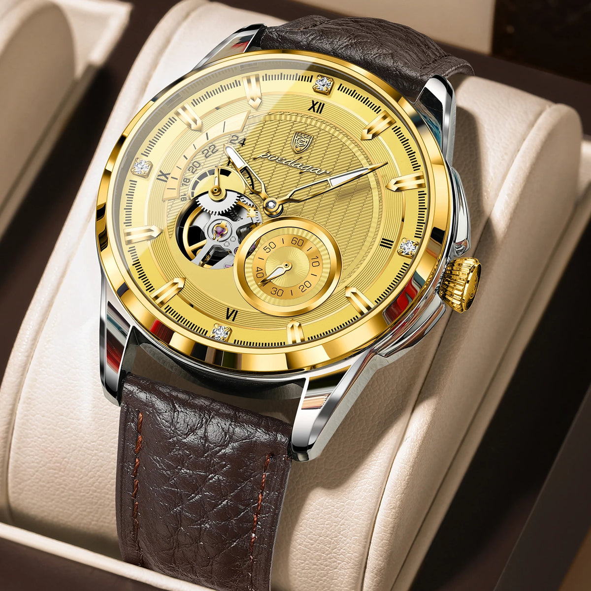 Poedagar 1427 Men Automatic Mechanical Watch Leather Band Luminous 3ATM Daily Waterproof Wristwatch