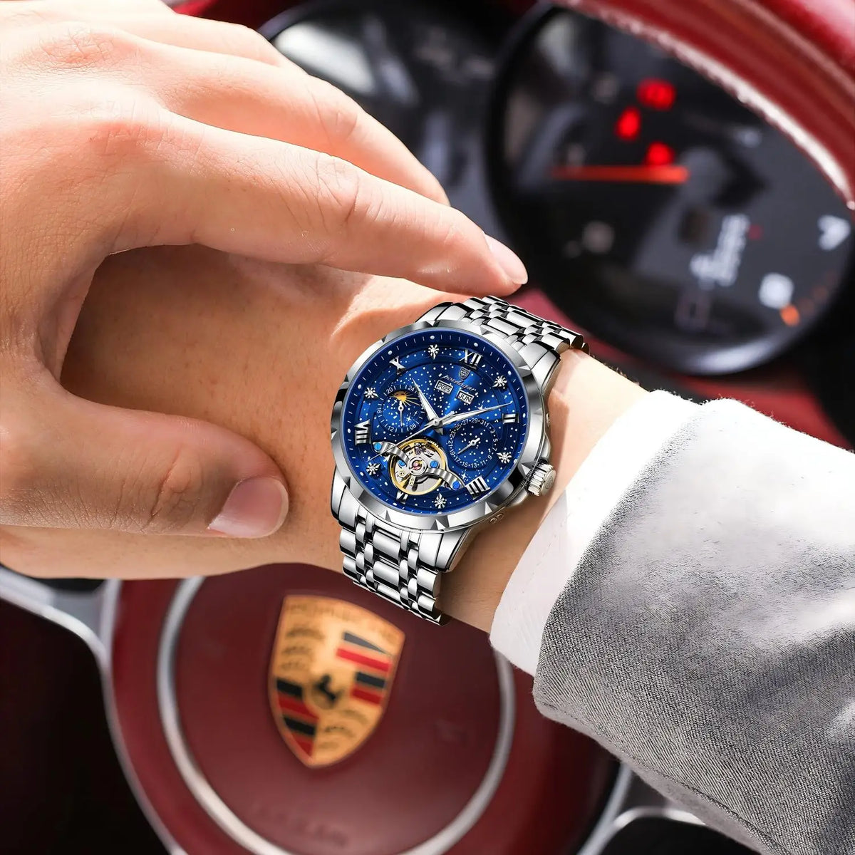 Poedagar 1420 Men's Waterproof Luminous Stainless Steel Strap Alloy Case Automatic Movement Mechanical Watch