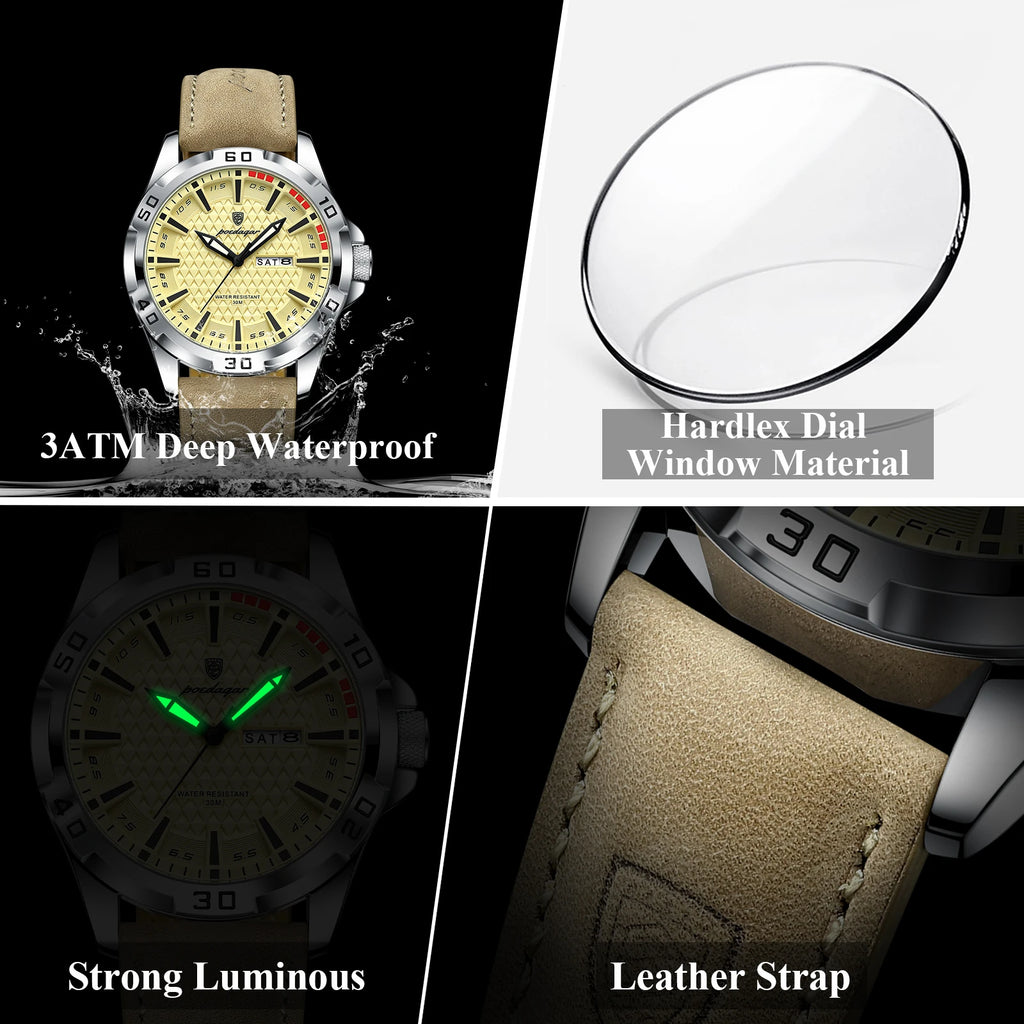 Poedagar 895 Sport Fashion Men Watch Geometric Dial Day Date Luminous Leather Strap Quartz Waterproof Watch for Men Reloj Hombre