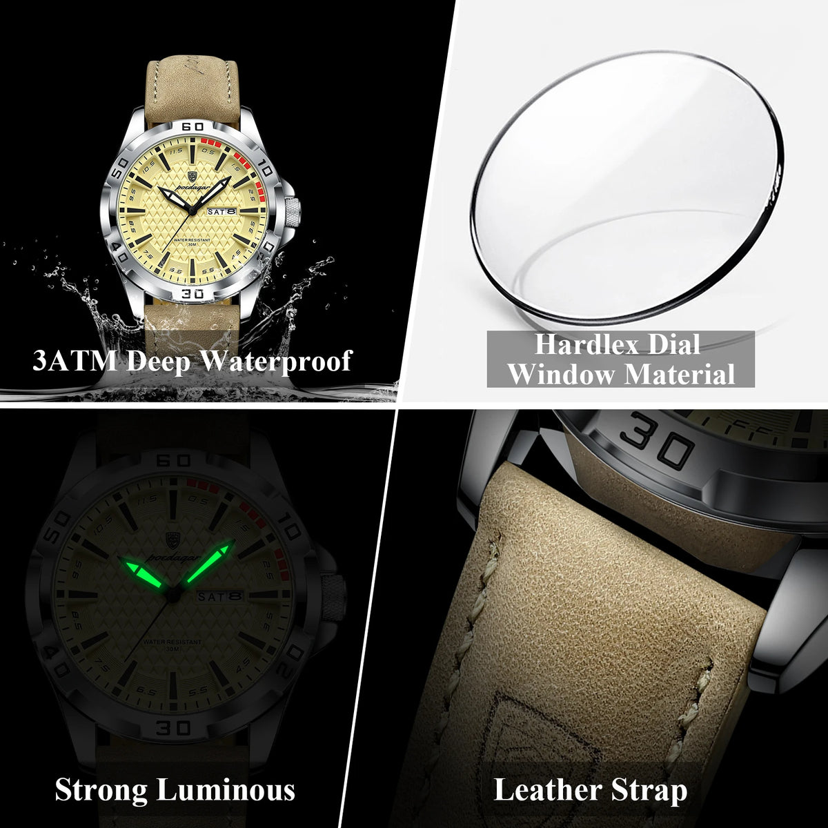 Poedagar 895 Sport Fashion Men Watch Geometric Dial Day Date Luminous Leather Strap Quartz Waterproof Watch for Men Reloj Hombre