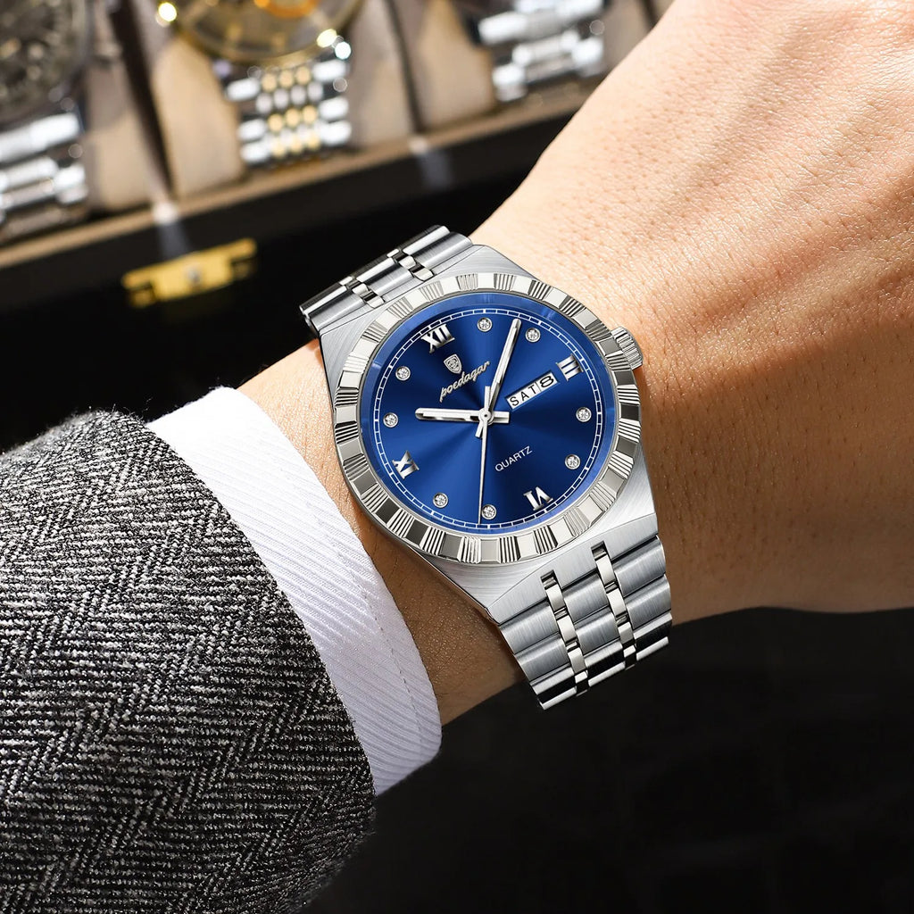 Poedagar 872 Luxury Men's Watches Business Week Date Waterproof Luminous Quartz Herrenuhr Stainless Steel Wristwatch for Men