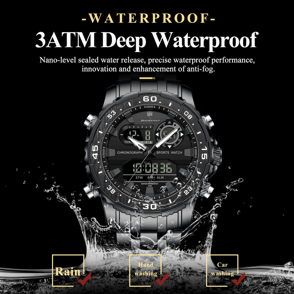 Poedagar E122 Men's Fashion Quartz Watch 46MM Dial Stainless Steel Waterproof Wristwatch for Daily Business Casual Wear