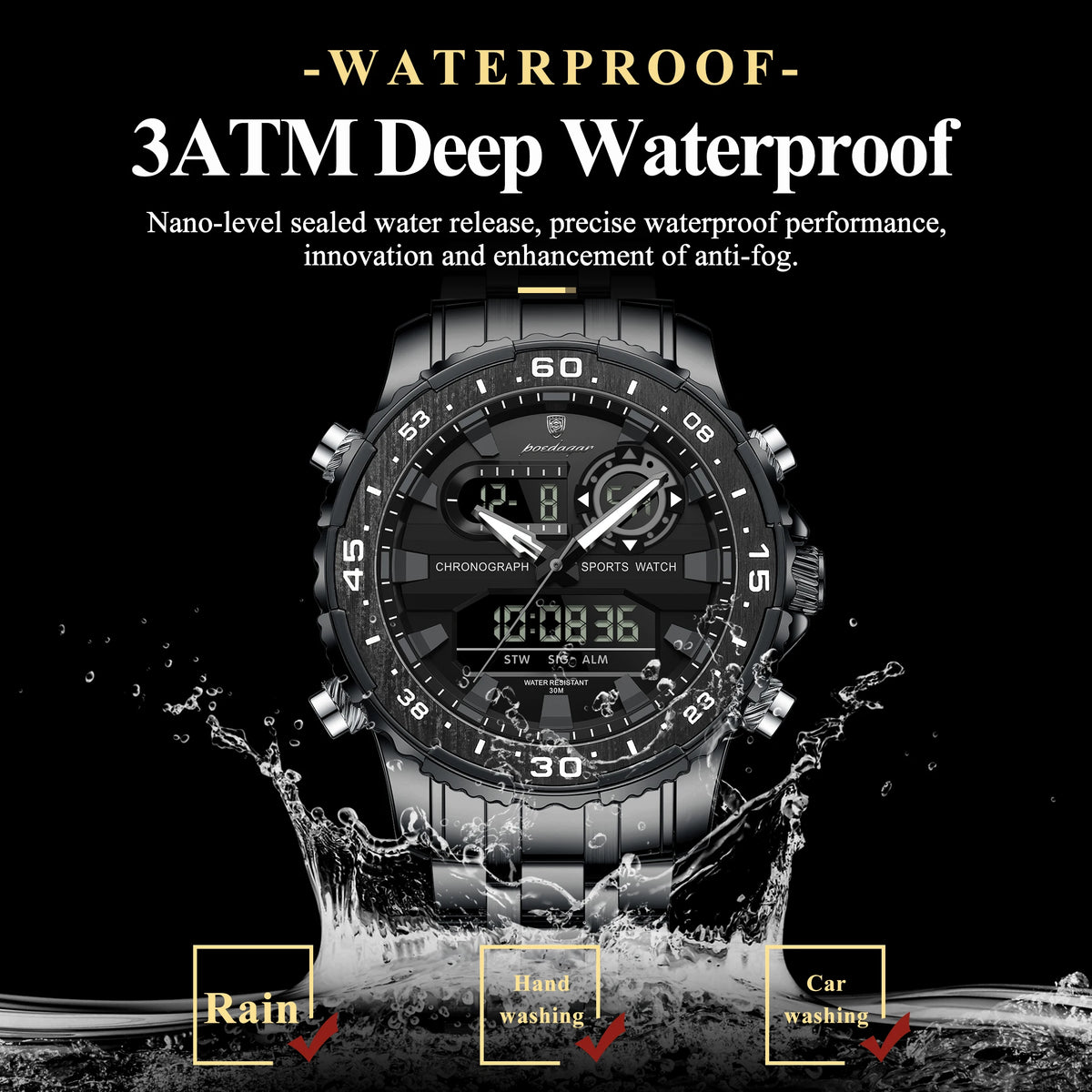 Poedagar E122 Men's Fashion Quartz Watch 46MM Dial Stainless Steel Waterproof Wristwatch for Daily Business Casual Wear