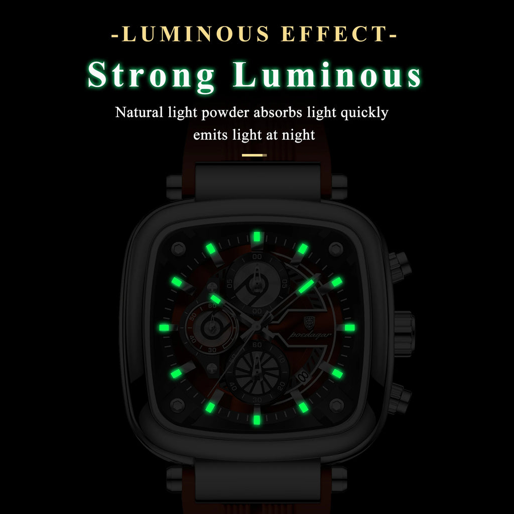 Poedagar 849 Montre Homme Luxe Black Gold Square Dial Waterproof Sport Quartz Watch Silicone Strap