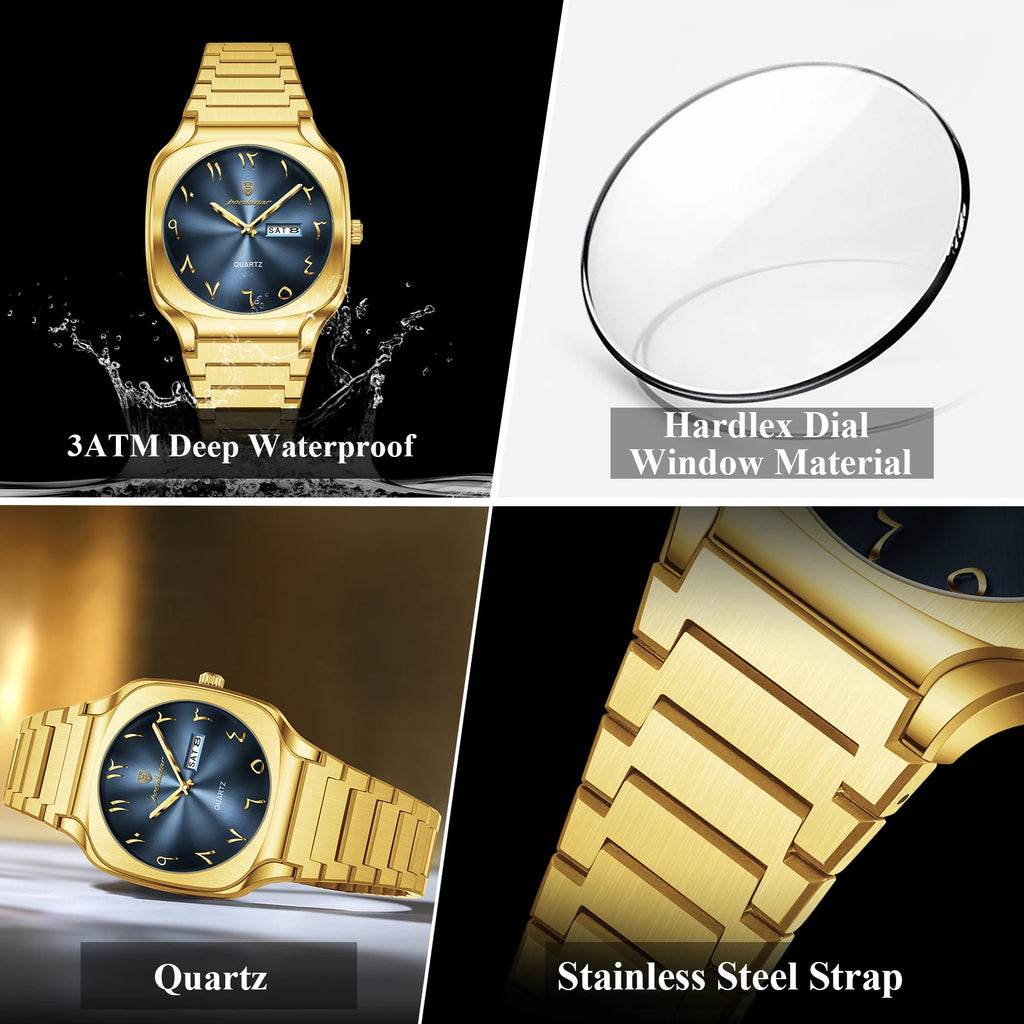 Poedagar 616 Men's Watch Luxury Classic Arabic Dial Quartz Wristwatch Montre Waterproof Gold Stainless Steel Watch for Men