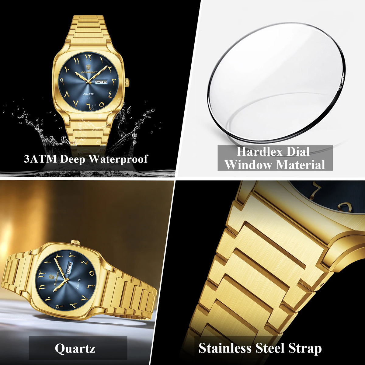 Poedagar 616 Men's Watch Luxury Classic Arabic Dial Quartz Wristwatch Montre Waterproof Gold Stainless Steel Watch for Men