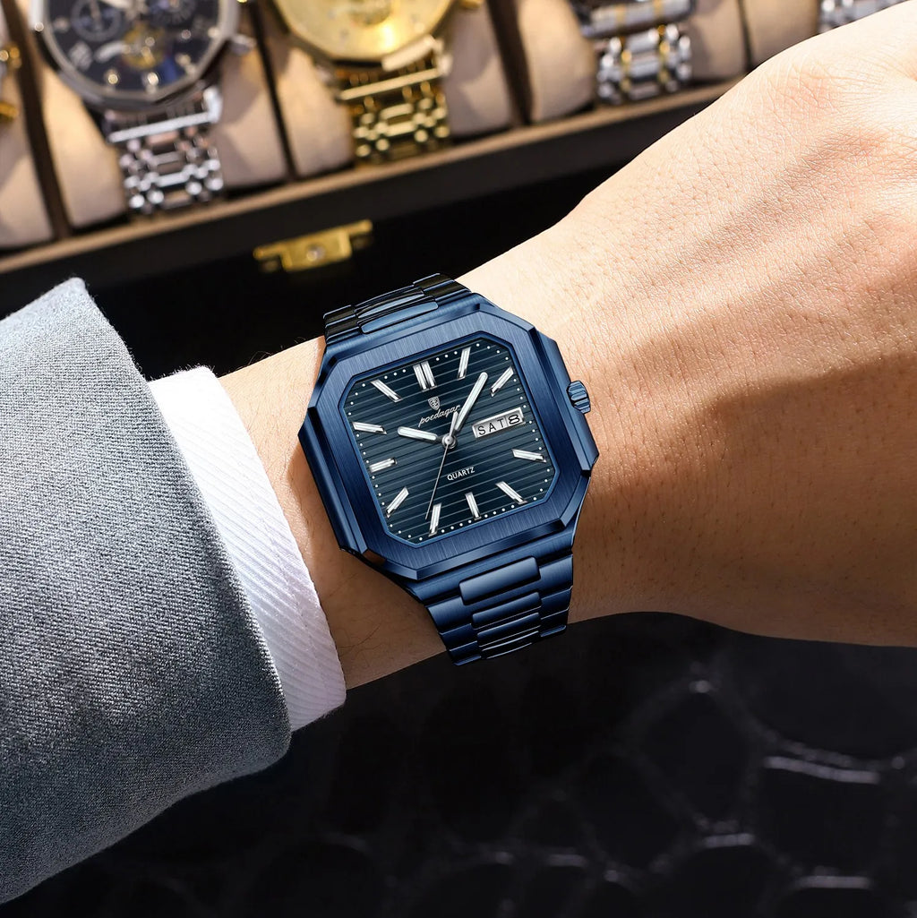 Watch for Men Luxury Poedagar 672 Business Stainless Steel Quartz Wristwatch Square Case Waterproof Luminous Date Men's Watch