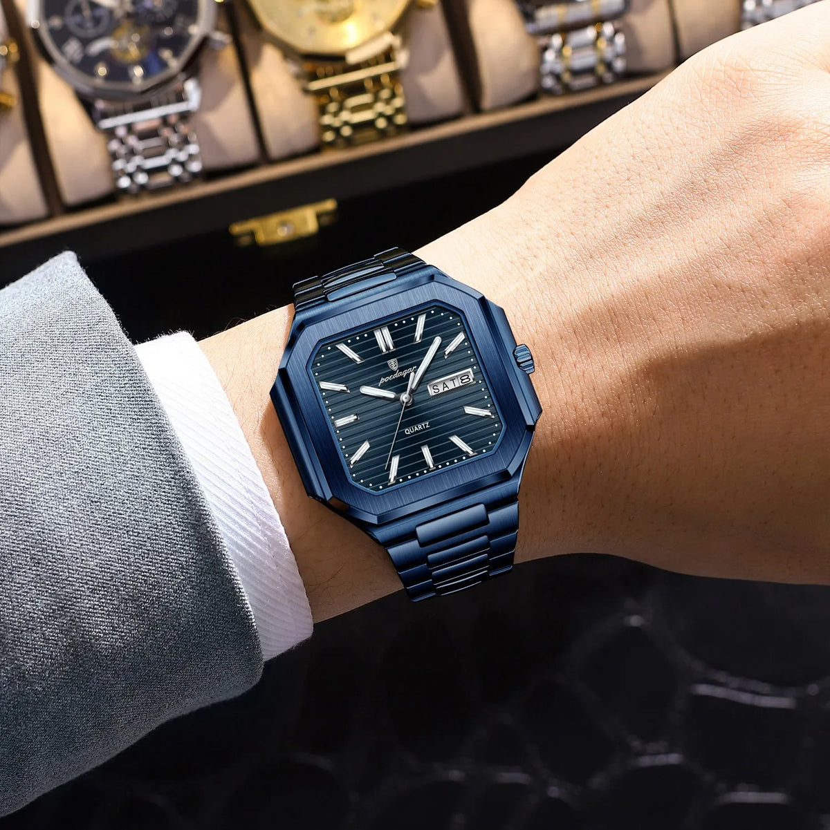 Watch for Men Luxury Poedagar 672 Business Stainless Steel Quartz Wristwatch Square Case Waterproof Luminous Date Men's Watch