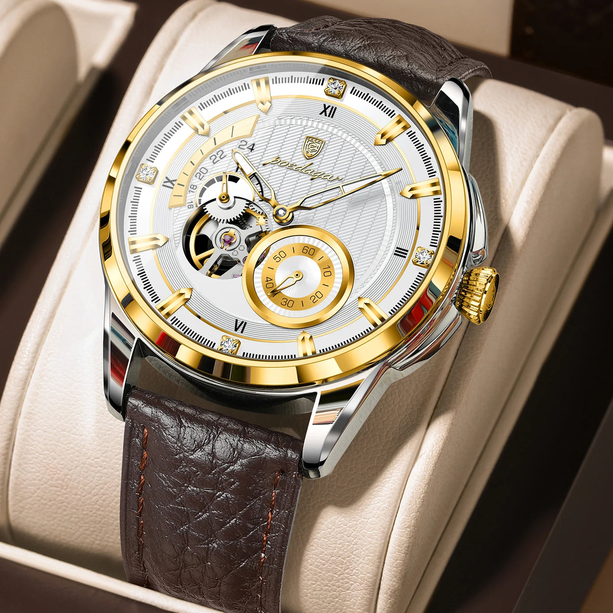 Poedagar 1427 Men Automatic Mechanical Watch Leather Band Luminous 3ATM Daily Waterproof Wristwatch