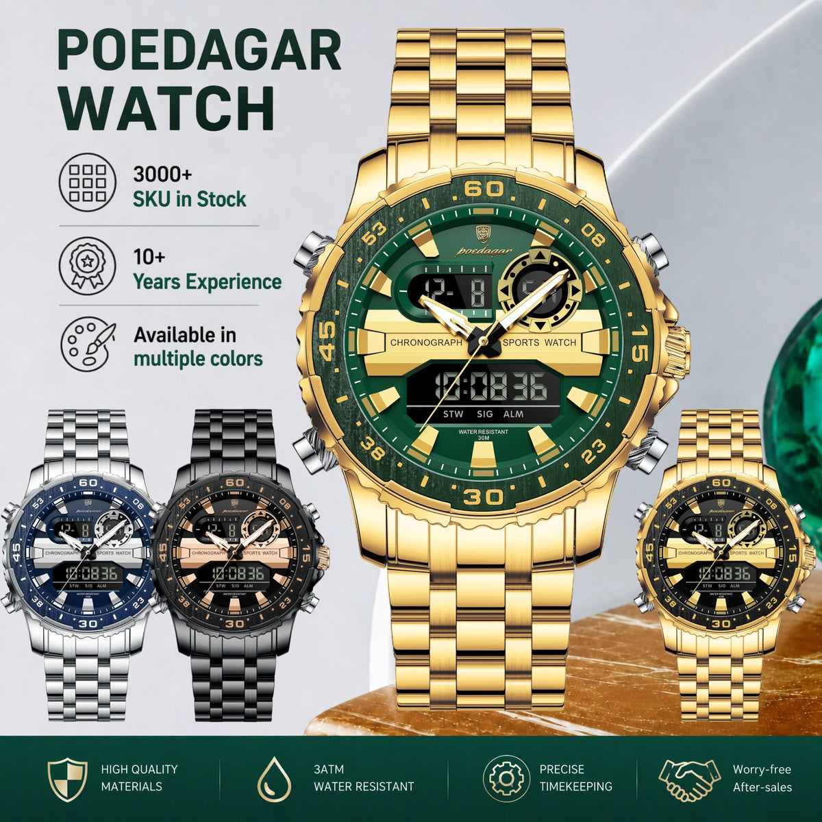 Poedagar E122 Men's Digital Watch Sports Analog-Digital Quartz Watches Stainless Steel Waterproof Luminous Wristwatch for Men