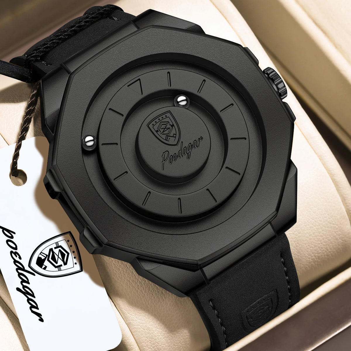 Poedagar 670 Men's Watches Leather Strap Trendy Unique Quartz Watch Magnetic Rotating Montre Waterproof Wristwatch for Men