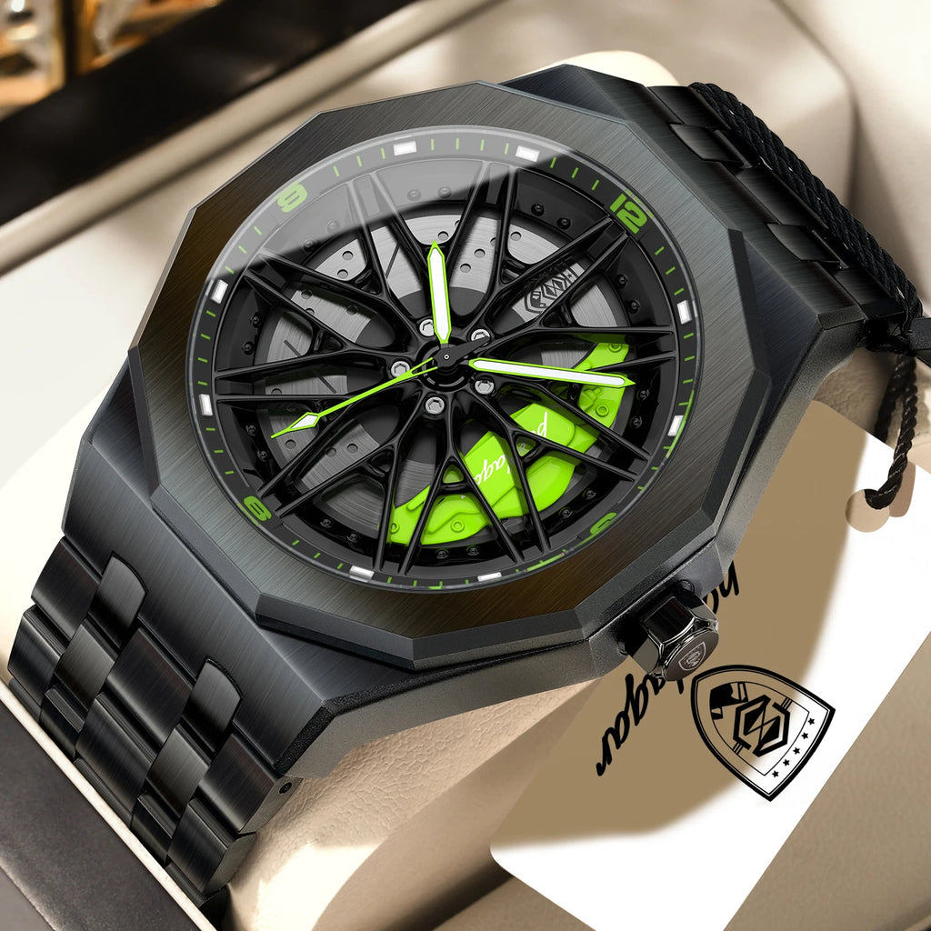 Poedagar 809 Mens Quartz Watch Luxury 3D Rotating Car Wheel Hub Stainless Steel Band Sports Wristwatch for Men Wholesale Reloj
