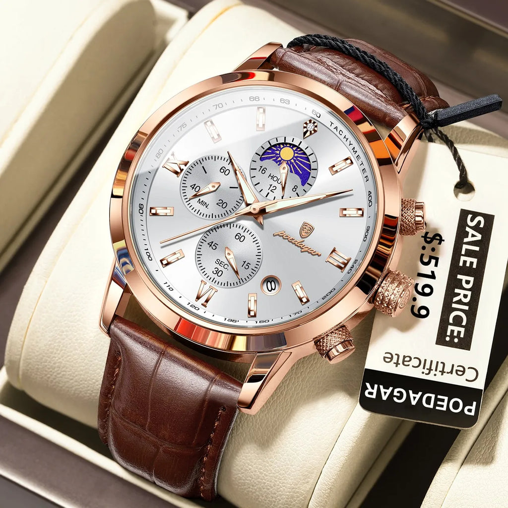 Poedagar 882 Luxury Men's Watch Business Leather Strap Montre Waterproof Luminous Date Reloj Chronograph Quartz Watch for Men