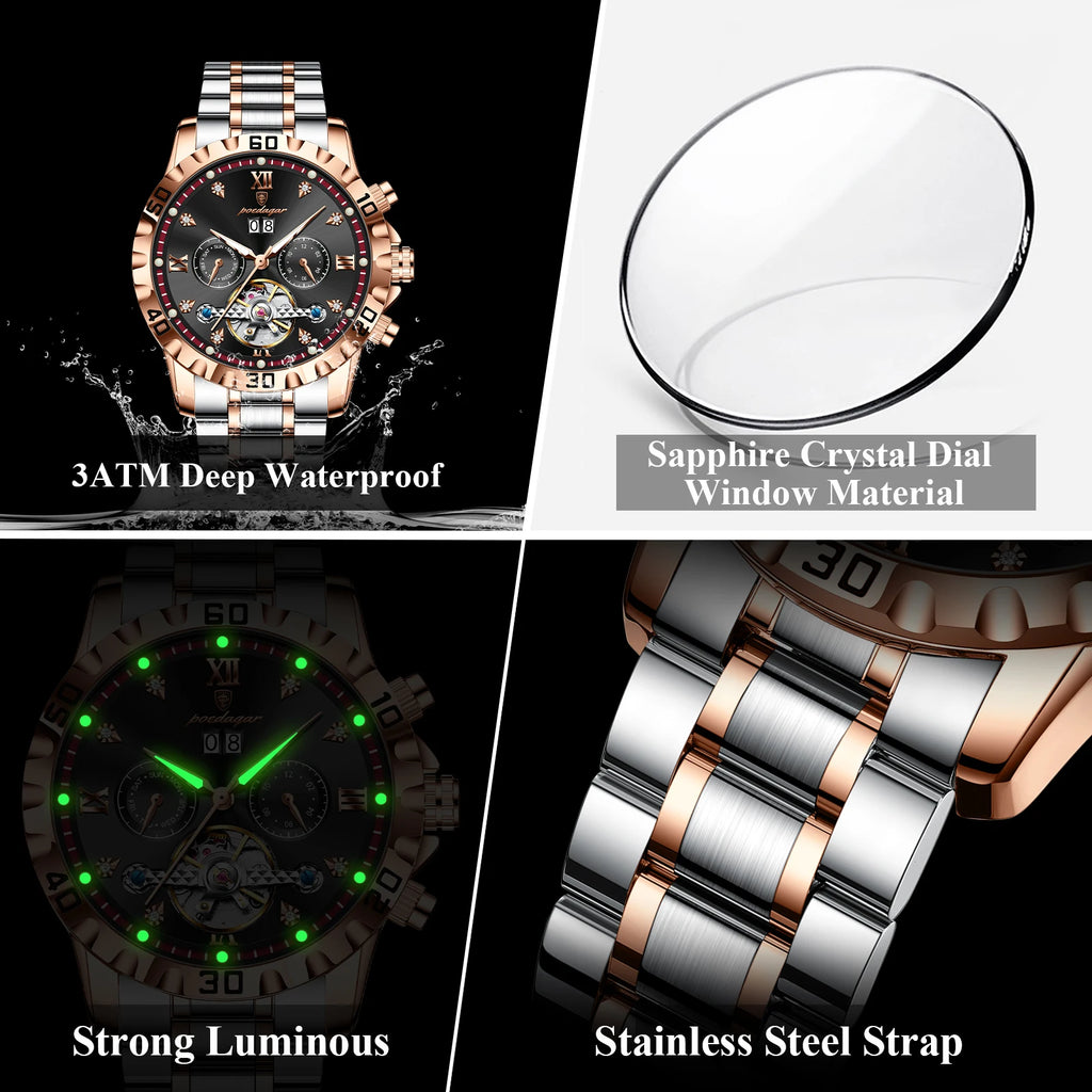 Poedagar 1418 Men's Mechanical Watch Luxury Business Luminous Waterproof Date Wristwatch Hollow Stainless Steel Automatic Watch