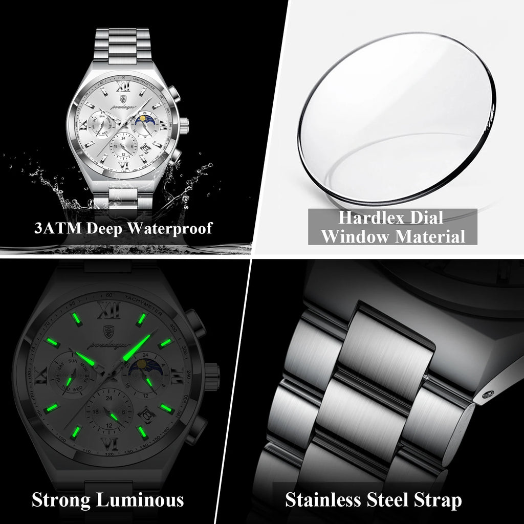 Poedagar 688 Men's Watch Luxury Chronograph Quartz Watches Relojes Hombre Waterproof Luminous Stainless Steel Wristwatch for Men