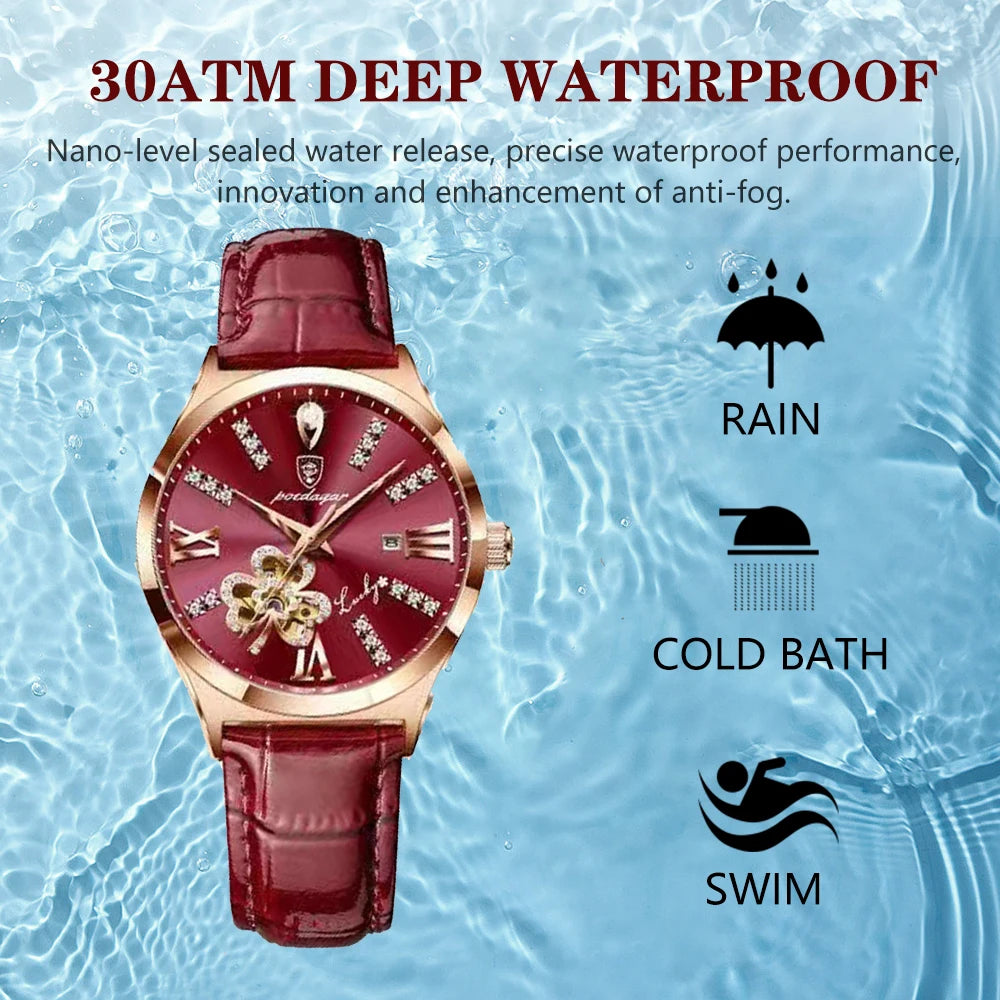 Poedagar Fashion Luxury Diamond Quartz Wrist Watch Leather Hand Band Ladies Watches Waterproof Date Women Watch for Girls