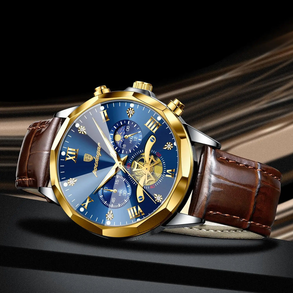 Poedagar Men's Luxury Leather Chronograph Quartz Watch Waterproof Luminous Watch for Men