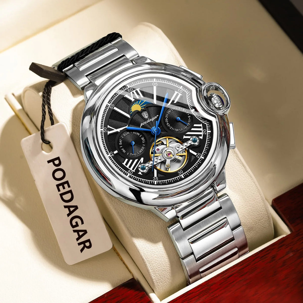 Poedagar 1413 Luxury Automatic Mechanical Watch Waterproof Luminous Wristwatch Stainless Steel Hollow Tourbillon Watch for Men