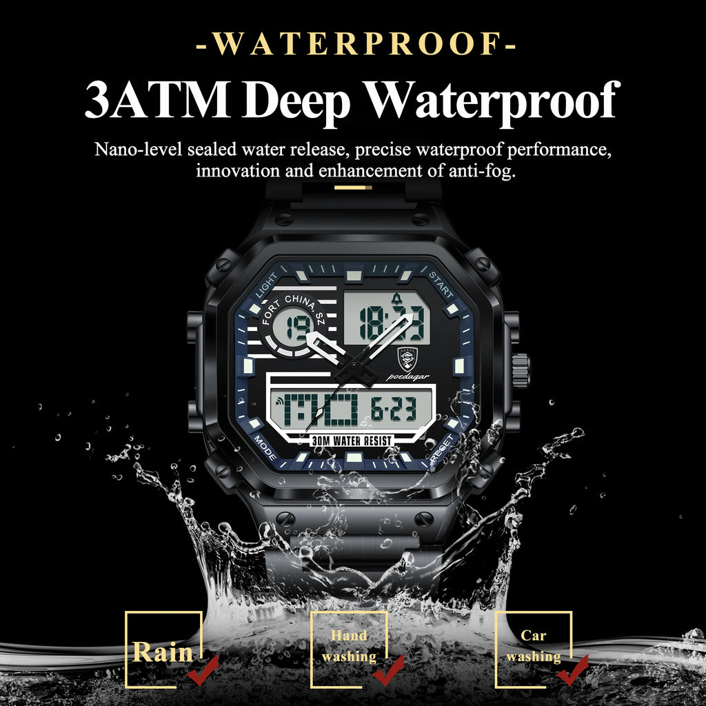 Poedagar Men's Multi-function Electronic Quartz Watch Dual Display LED Night Light Waterproof Watch for Men
