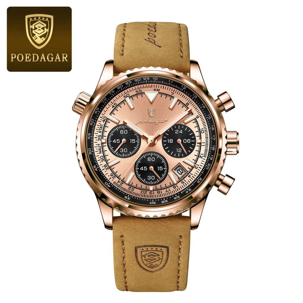 Poedagar Luxury New Design Leather Men's Quartz Watches Waterproof Luminous Chronograph Watch for Men