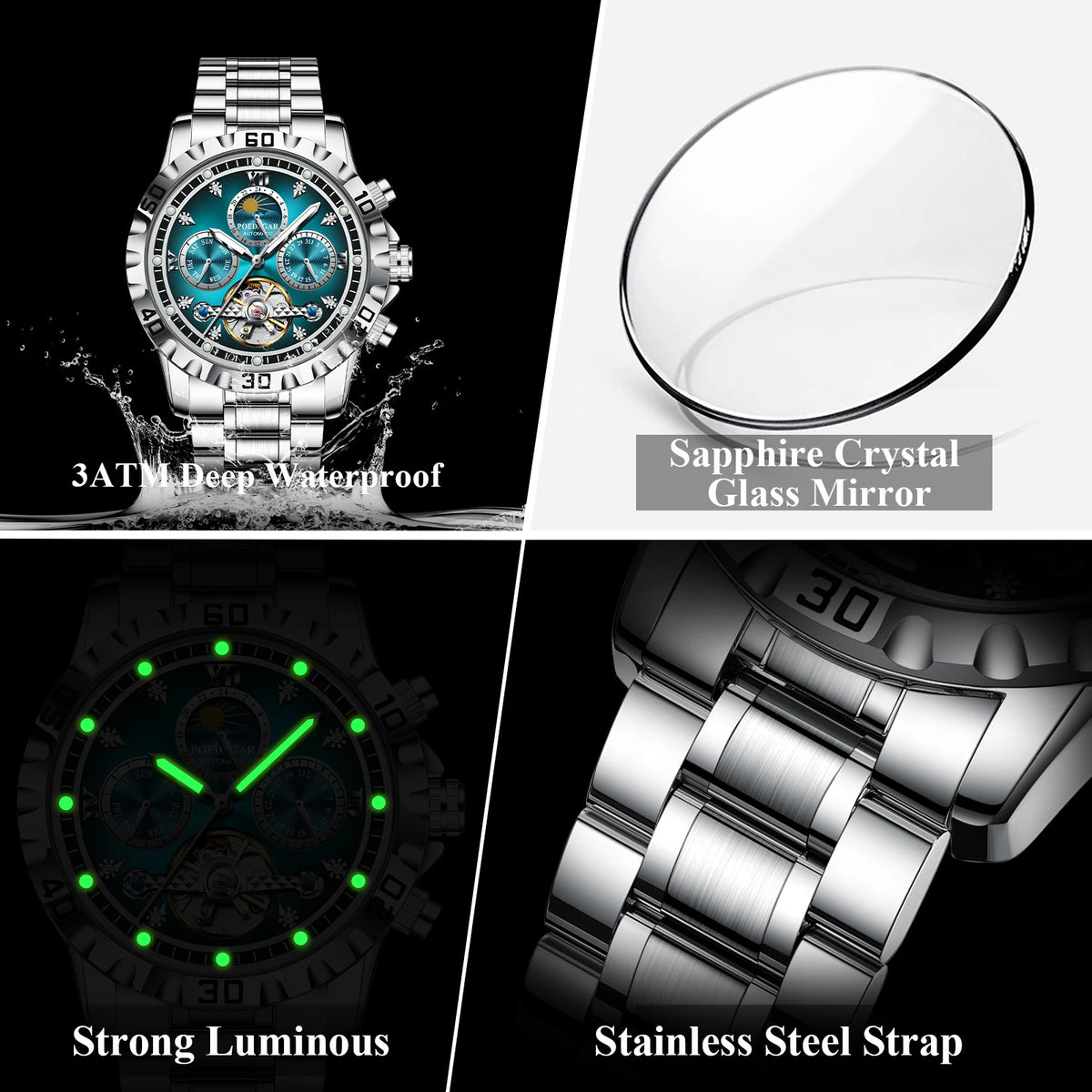 Poedagar 1423 Luxury Men's Mechanical Watch Hollow Tourbillon Stainless Steel Automatic Wristwatch Waterproof Luminous Montre