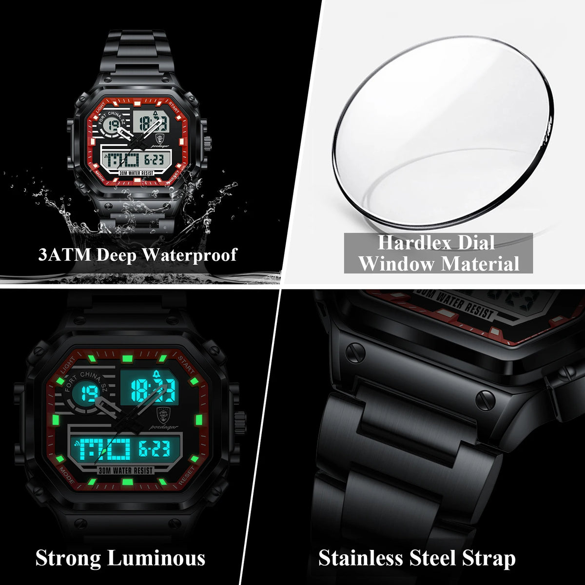 Watch for Men Poedagar 993 Sports Chronograph Men's Quartz Watches Luxury Dual Display Luminous Waterproof Watch Montre Homme
