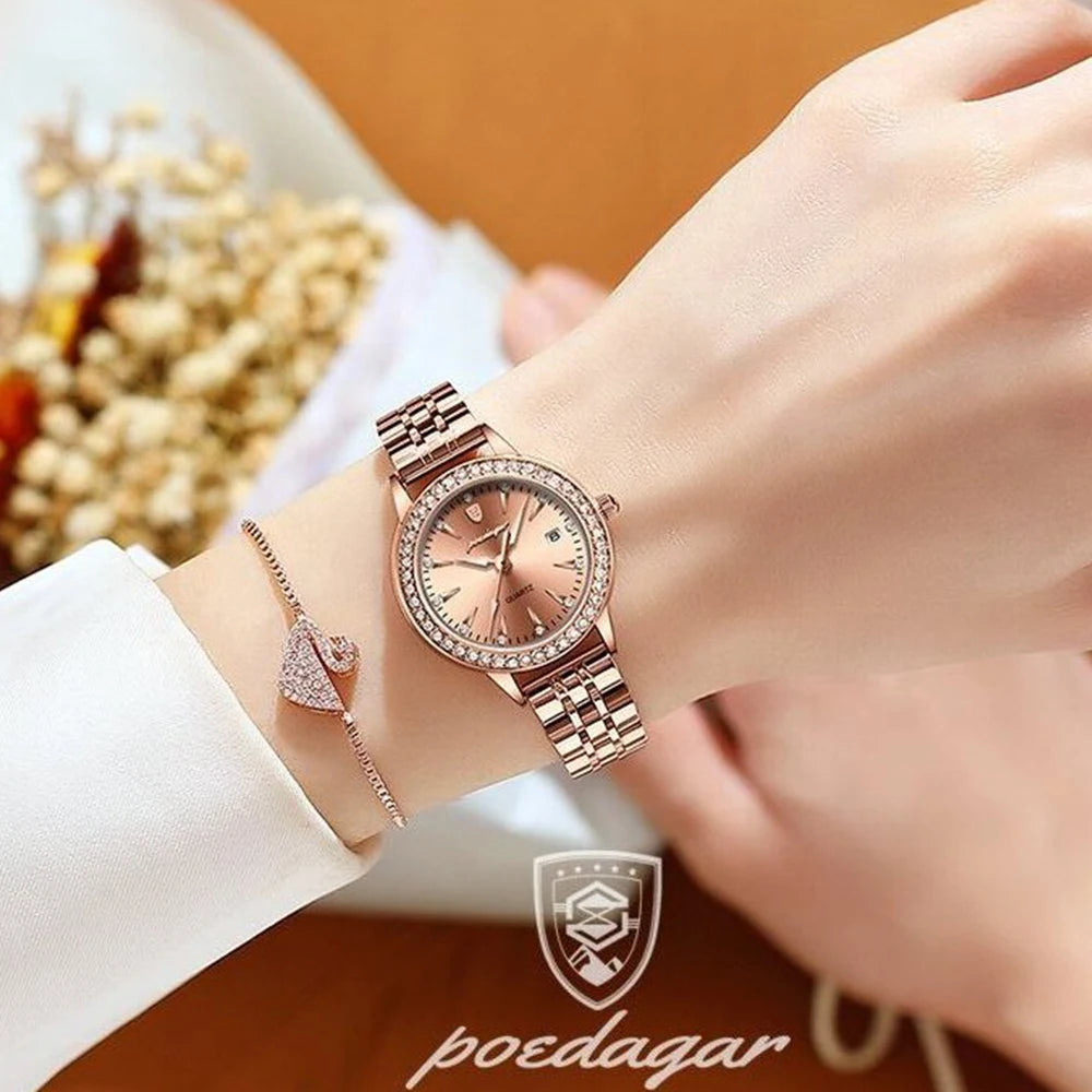 Poedagar Luxury Rose Gold Stainless Steel Ladies Wristwatch Diamond Quartz Watches Wristwatch Waterproof Date Watch Women