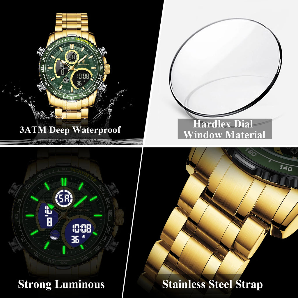 Poedagar E127 Watch for Men Luxury Analog-Digital Watch Dual Display Luminous Waterproof Herrenuhr Stainless Steel Quartz Watch