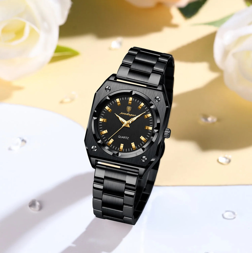 Poedagar 788 Luxury Women's Watch Black Square Case Waterproof Luminous Reloj Wristwatch Stainless Steel Quartz Watch for Women