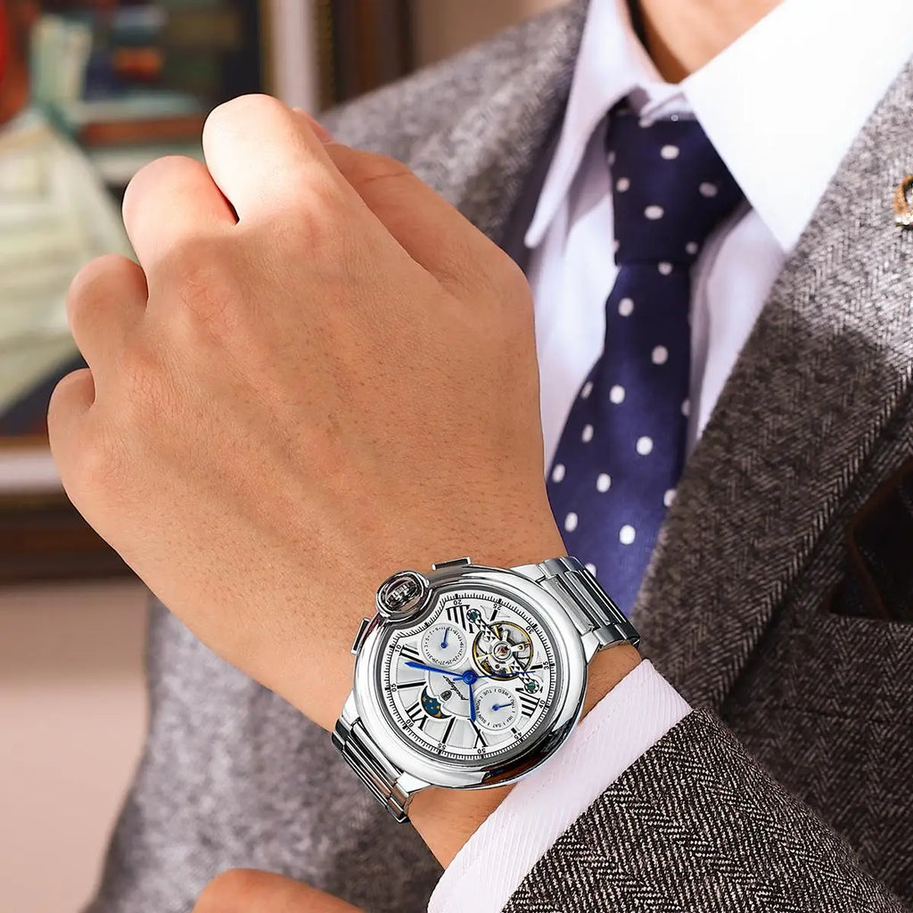 Poedagar Luxury Hollow Tourbillon Automatic Mechanical Watch Waterproof Luminous Stainless Steel Watch for Men