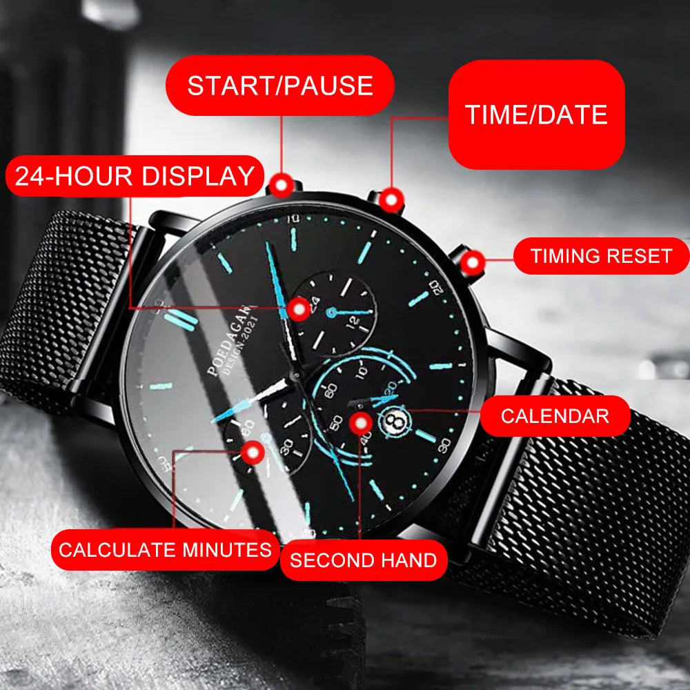Poedagar Stainless Steel Mesh Watches Men Wrist Sport Chronograph Quartz Watches Waterproof Luminous Watch for Men Relojes Hombr