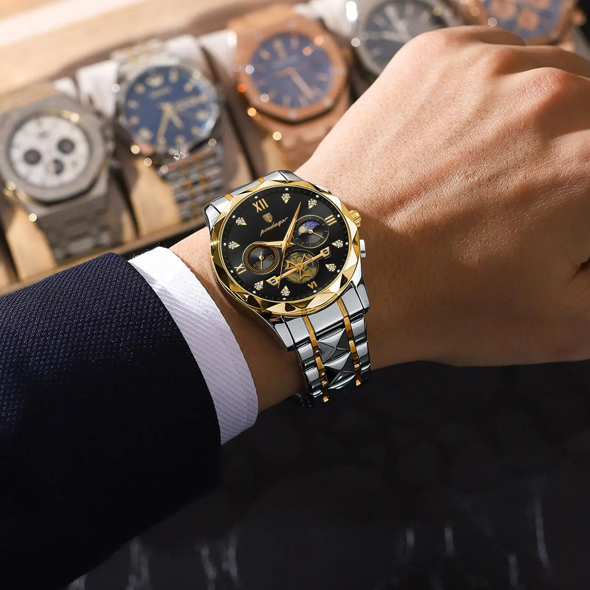 Poedagar Men's Luxury Fashion Quartz Watch Stainless Steel Chronograph Waterproof Luminous Feature 42mm Alloy Business Style